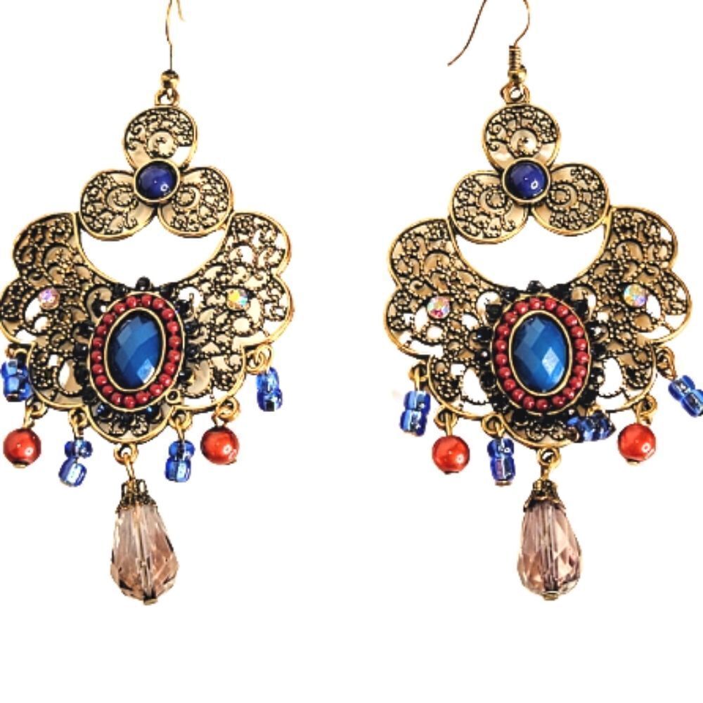 Vintage Women's Large Bohemian Gemstone Colored Ornate Dangle Earring's